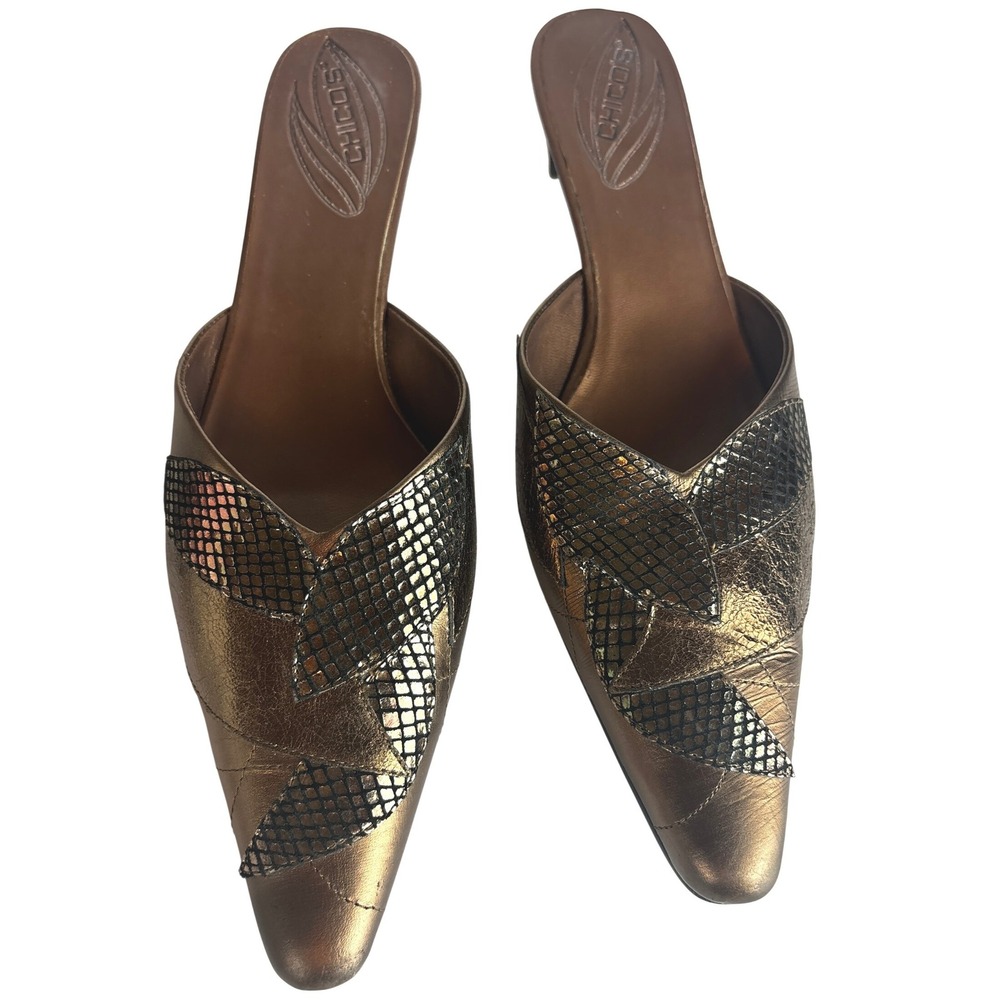Chicos Samantha Bronze Metallic Leather Snakeskin Patchwork Mules Heels Size 10M